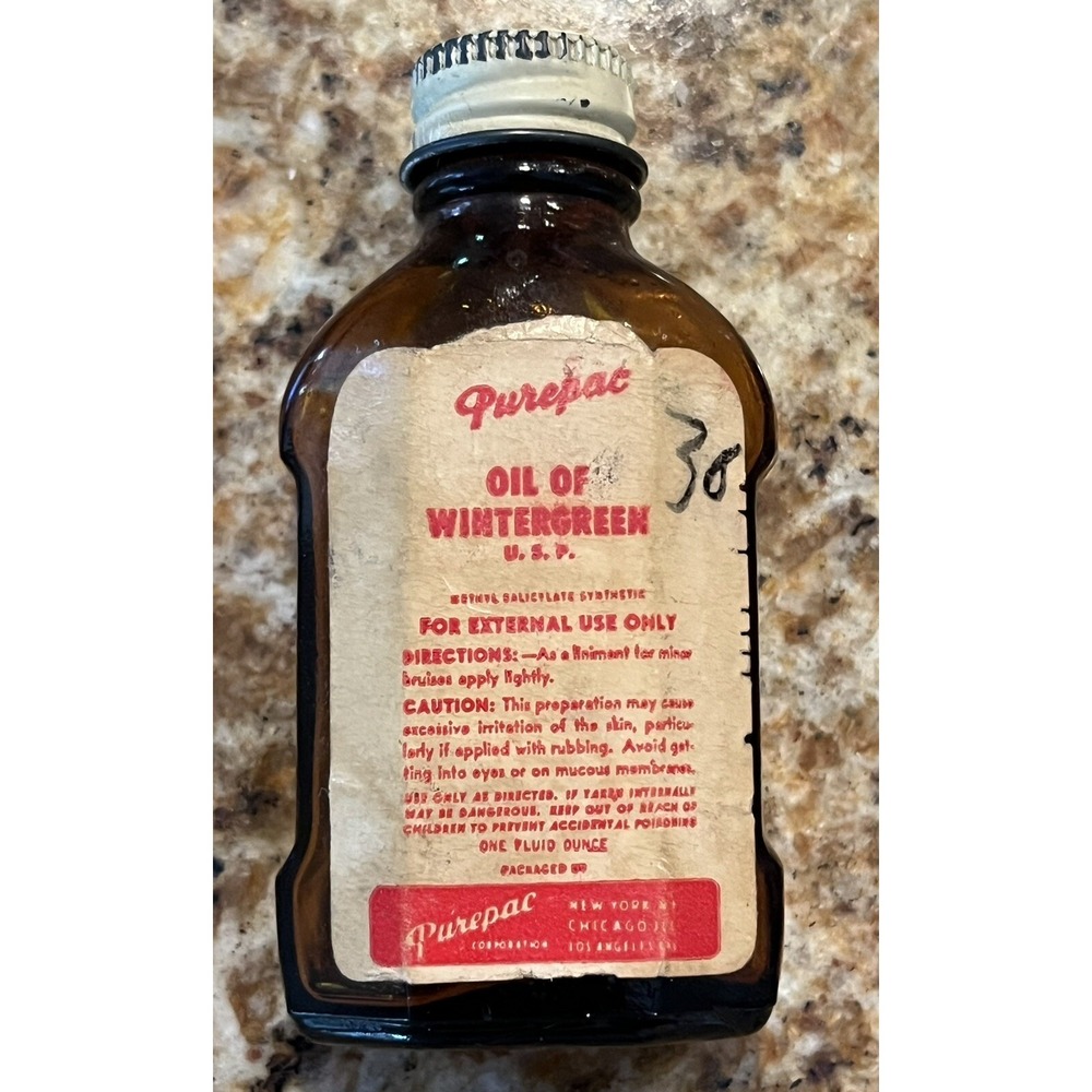 Vintage Purepac Oil Of Wintergreen USP Made In USA Circa 1950 Empty bottle - Picture 2 of 4
